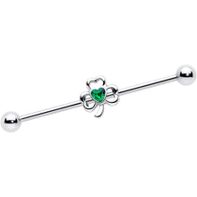 Load image into Gallery viewer, 14G Green Gem Heart Shamrock St Patricks Day Industrial Barbell 38mm