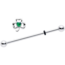 Load image into Gallery viewer, 14G Green Gem Heart Shamrock St Patricks Day Industrial Barbell 38mm