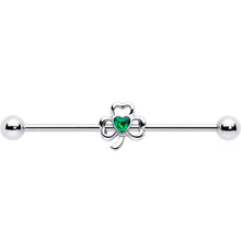 Load image into Gallery viewer, 14G Green Gem Heart Shamrock St Patricks Day Industrial Barbell 38mm