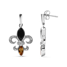 Load image into Gallery viewer, .925 Sterling Silver Marquise Cut Onyx and Citrine with Diamond Accent Fleur De Lis Drop Stud Earrings (H-I Color, SI1-SI2 Clarity)