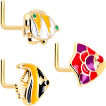 Load image into Gallery viewer, 20G 7mm Gold Tone Tropical Fish L Shape Nose Ring Set of 3