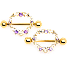 将图片加载到图库查看器,14G 9/16 Purple CZ Gem Gold Tone Heart Filigree Nipple Shield Set