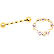 将图片加载到图库查看器,14G 9/16 Purple CZ Gem Gold Tone Heart Filigree Nipple Shield Set