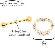 将图片加载到图库查看器,14G 9/16 Purple CZ Gem Gold Tone Heart Filigree Nipple Shield Set