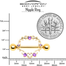 将图片加载到图库查看器,14G 9/16 Purple CZ Gem Gold Tone Heart Filigree Nipple Shield Set