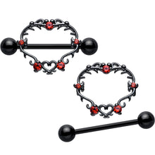 Load image into Gallery viewer, 14G 9/16 Red CZ Gem Black Leafy Heart Nipple Shield Set