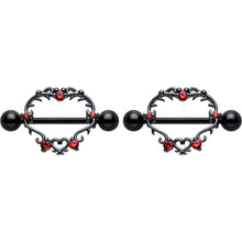 Load image into Gallery viewer, 14G 9/16 Red CZ Gem Black Leafy Heart Nipple Shield Set