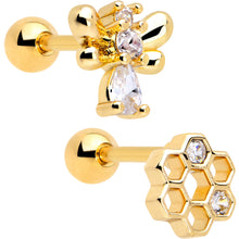 Load image into Gallery viewer, 16G 1/4 Clear CZ Gem Gold Tone Bee Hive Luv Cartilage Earring Set of 2