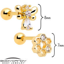 Load image into Gallery viewer, 16G 1/4 Clear CZ Gem Gold Tone Bee Hive Luv Cartilage Earring Set of 2