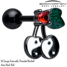 Load image into Gallery viewer, 16G 1/4 Red CZ Gem Black Yin Yang Cherry Cartilage Tragus Earring