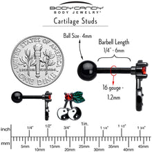 Load image into Gallery viewer, 16G 1/4 Red CZ Gem Black Yin Yang Cherry Cartilage Tragus Earring