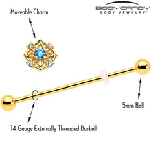 Load image into Gallery viewer, 14G Blue CZ Gem Gold Tone Flower Ring Industrial Barbell 38mm