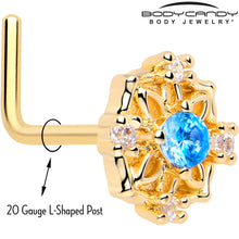 Load image into Gallery viewer, 20G 7mm Blue CZ Gem Gold Tone Flower Ring L Shape Nose Ring