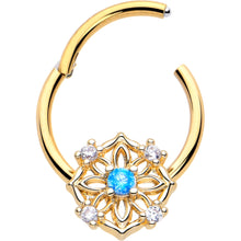 Load image into Gallery viewer, 16G 3/8 Blue CZ Gem Gold Tone Flower Ring Hinged Segment Ring