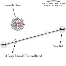 Load image into Gallery viewer, 14G Pink CZ Gem Flower Circle Industrial Barbell 38mm