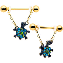Load image into Gallery viewer, 14G 9/16 Blue Gem Gold Hue Sweet Sea Turtle Dangle Nipple Ring Set