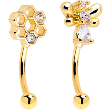 Load image into Gallery viewer, 16G 5/16 Clear CZ Gold Tone Bee Hive Luv Curved Eyebrow Ring Set of 2
