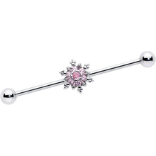 Load image into Gallery viewer, 14G Pink CZ Gem Snowflake Glam Industrial Barbell 38mm