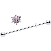 Load image into Gallery viewer, 14G Pink CZ Gem Snowflake Glam Industrial Barbell 38mm