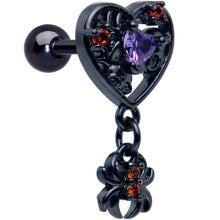 Load image into Gallery viewer, 16G 1/4 Red CZ Gem Black Heart Spider Skull Dangle Cartilage Earring