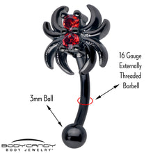 Load image into Gallery viewer, 16G 5/16 Red CZ Gem Black Sleek Spider Curved Eyebrow Ring