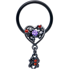 Load image into Gallery viewer, 16G 3/8 Red CZ Gem Black Heart Spider Skull Dangle BCR Captive Ring