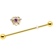 Load image into Gallery viewer, 14G Purple CZ Gem Gold Tone Heart of Love Industrial Barbell 38mm