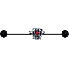 Load image into Gallery viewer, 14G Red CZ Gem Black Double Heart Industrial Barbell 38mm