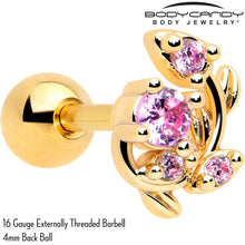 Load image into Gallery viewer, 16G 1/4 Pink Gem Gold Tone Twining Vine Cartilage Tragus Earring