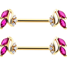 Load image into Gallery viewer, 14G 9/16 Red CZ Gem Gold Tone Swirl Fan Barbell Nipple Ring Set
