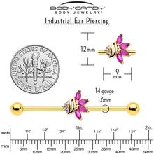 Load image into Gallery viewer, 14G Red CZ Gem Gold Tone Swirl Fan Industrial Barbell 38mm