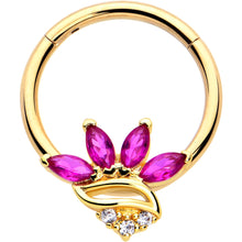 Load image into Gallery viewer, 16G 3/8 Red CZ Gem Gold Tone Swirl Fan Hinged Segment Ring