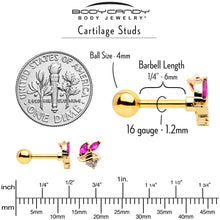 Load image into Gallery viewer, 16G 1/4 Red CZ Gem Gold Tone Swirl Fan Cartilage Tragus Earring