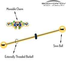 将图片加载到图库查看器,14G Blue Gem Gold Tone Butterfly Colors Industrial Barbell 38mm