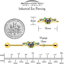将图片加载到图库查看器,14G Blue Gem Gold Tone Butterfly Colors Industrial Barbell 38mm