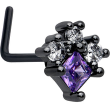 Load image into Gallery viewer, 20G 7mm Purple CZ Gem Black Rhombus Riot L Shape Nose Ring