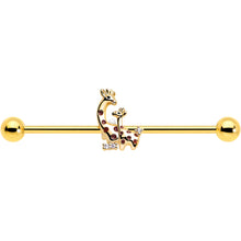 Load image into Gallery viewer, 14G Clear CZ Gem Gold Tone Mom Baby Giraffe Industrial Barbell 38mm