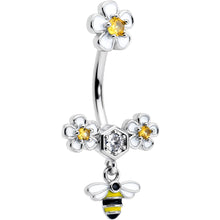 Load image into Gallery viewer, Yellow Clear CZ Gem Flower Bee Dangle Double Mount Belly Ring