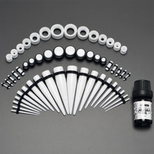 Load image into Gallery viewer, 14G to 1/2 White Acrylic 54 Piece Ear Stretching Kit with Jojoba Oil