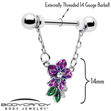 Load image into Gallery viewer, 14G 9/16 Clear CZ Gem Flower Purple Chain Dangle Nipple Ring Set