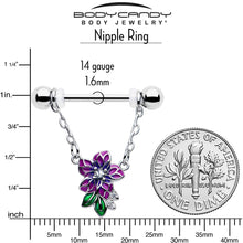 Load image into Gallery viewer, 14G 9/16 Clear CZ Gem Flower Purple Chain Dangle Nipple Ring Set