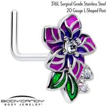 Load image into Gallery viewer, 20G 7mm Clear CZ Gem Flower Purple L Shape Nose Ring