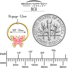 Load image into Gallery viewer, 16G 3/8 Gold Tone Butterfly Pink Splash BCR Captive Charm Ring