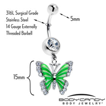 Load image into Gallery viewer, Clear CZ Gem Butterfly Green Dangle Belly Ring