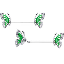 Load image into Gallery viewer, 14G 9/16 Clear CZ Gem Butterfly Green Barbell Nipple Ring Set