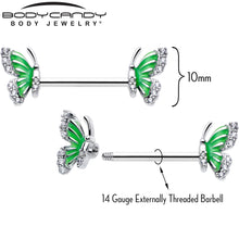 Load image into Gallery viewer, 14G 9/16 Clear CZ Gem Butterfly Green Barbell Nipple Ring Set