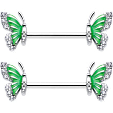 Load image into Gallery viewer, 14G 9/16 Clear CZ Gem Butterfly Green Barbell Nipple Ring Set