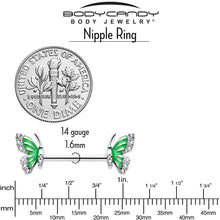 Load image into Gallery viewer, 14G 9/16 Clear CZ Gem Butterfly Green Barbell Nipple Ring Set