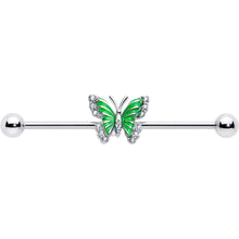 Load image into Gallery viewer, 14G Clear CZ Gem Butterfly Green Industrial Barbell 38mm
