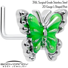Load image into Gallery viewer, 20G 7mm Butterfly Green Splash L Shape Nose Ring